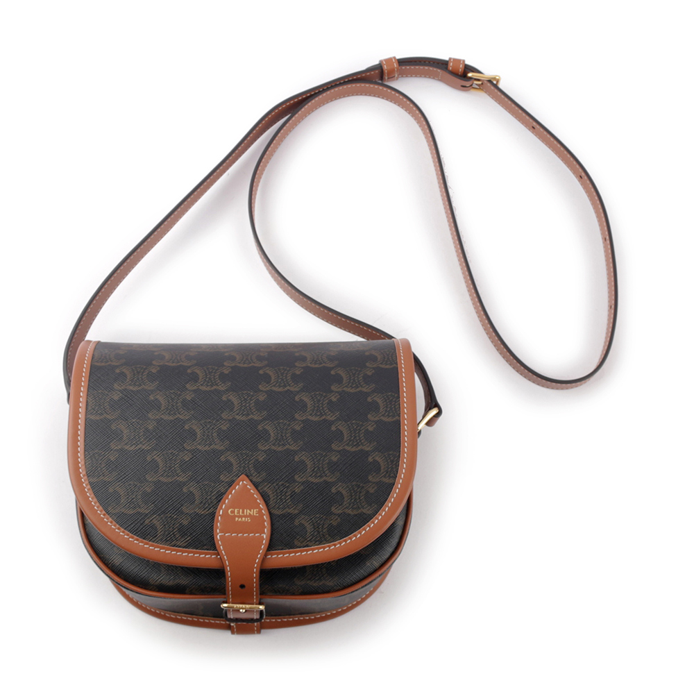 【CELINE】Folco Triomphe帆布小牛皮飾邊釦式馬鞍包(焦糖色) 191502BZJ.04LU