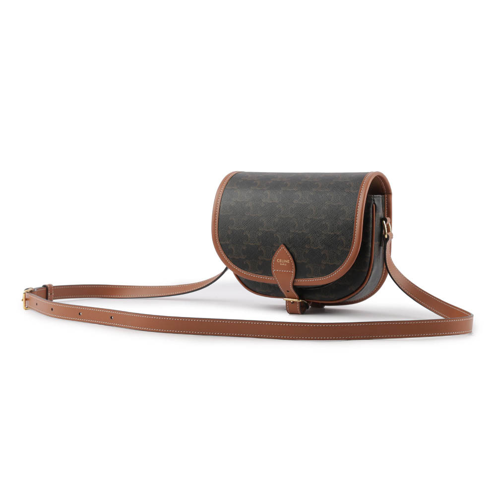 【CELINE】Folco Triomphe帆布小牛皮飾邊釦式馬鞍包(焦糖色) 191502BZJ.04LU