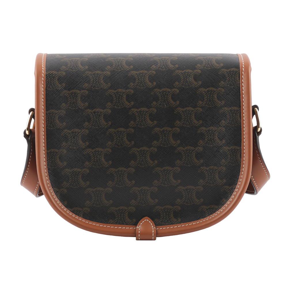 【CELINE】Folco Triomphe帆布小牛皮飾邊釦式馬鞍包(焦糖色) 191502BZJ.04LU