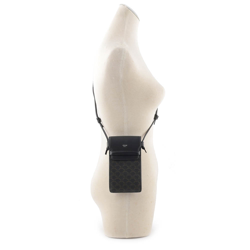 【CELINE】TRIOMPHE塗層帆布及小羊皮斜背手機包(黑色) 10G332CQD.38SI