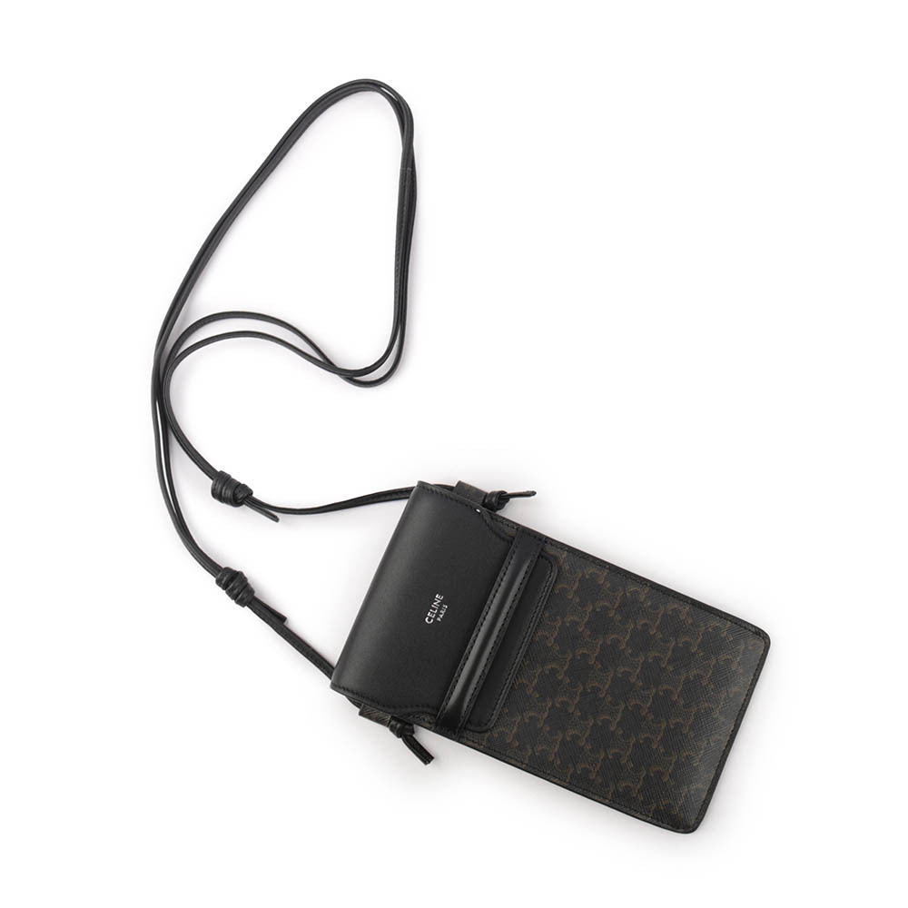【CELINE】TRIOMPHE塗層帆布及小羊皮斜背手機包(黑色) 10G332CQD.38SI
