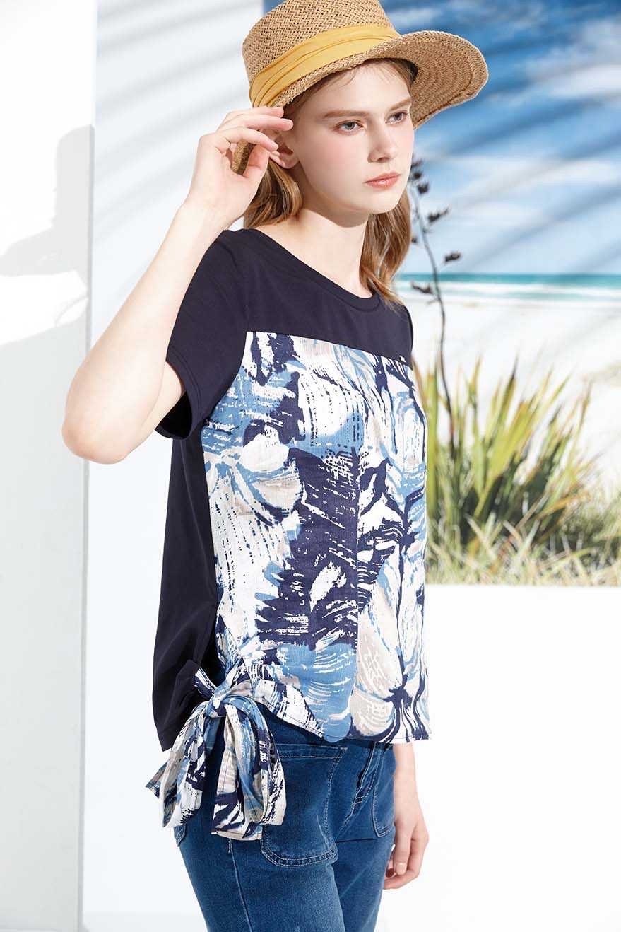 OL舒適透氣麻印花拼接棉質上衣綁結設計S6391