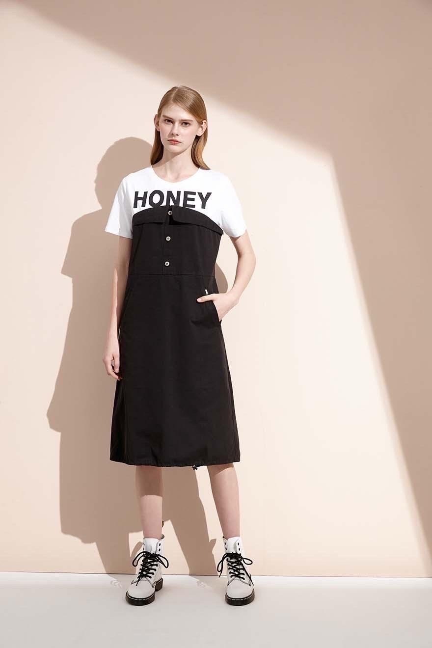 韓風質感棉知性拼接HONEY修身A版連身洋裝S6671