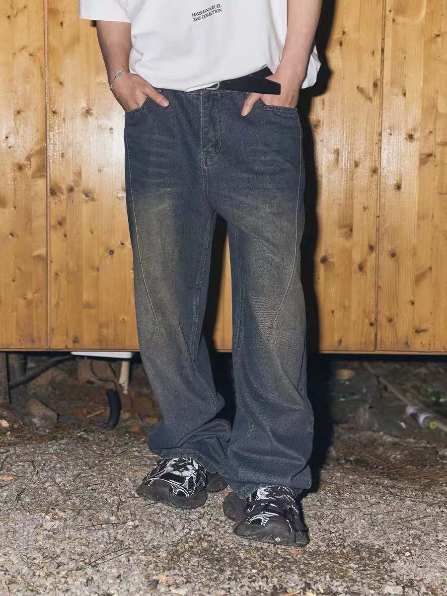 HARSH AND CRUEL 23SS 水洗做舊口袋刺繡直筒立體剪裁褪色牛仔褲 HZ232140322