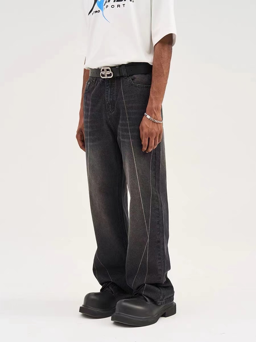 HARSH AND CRUEL 23SS 重工水洗手工擦色線條直筒寬鬆牛仔褲 HN232140265