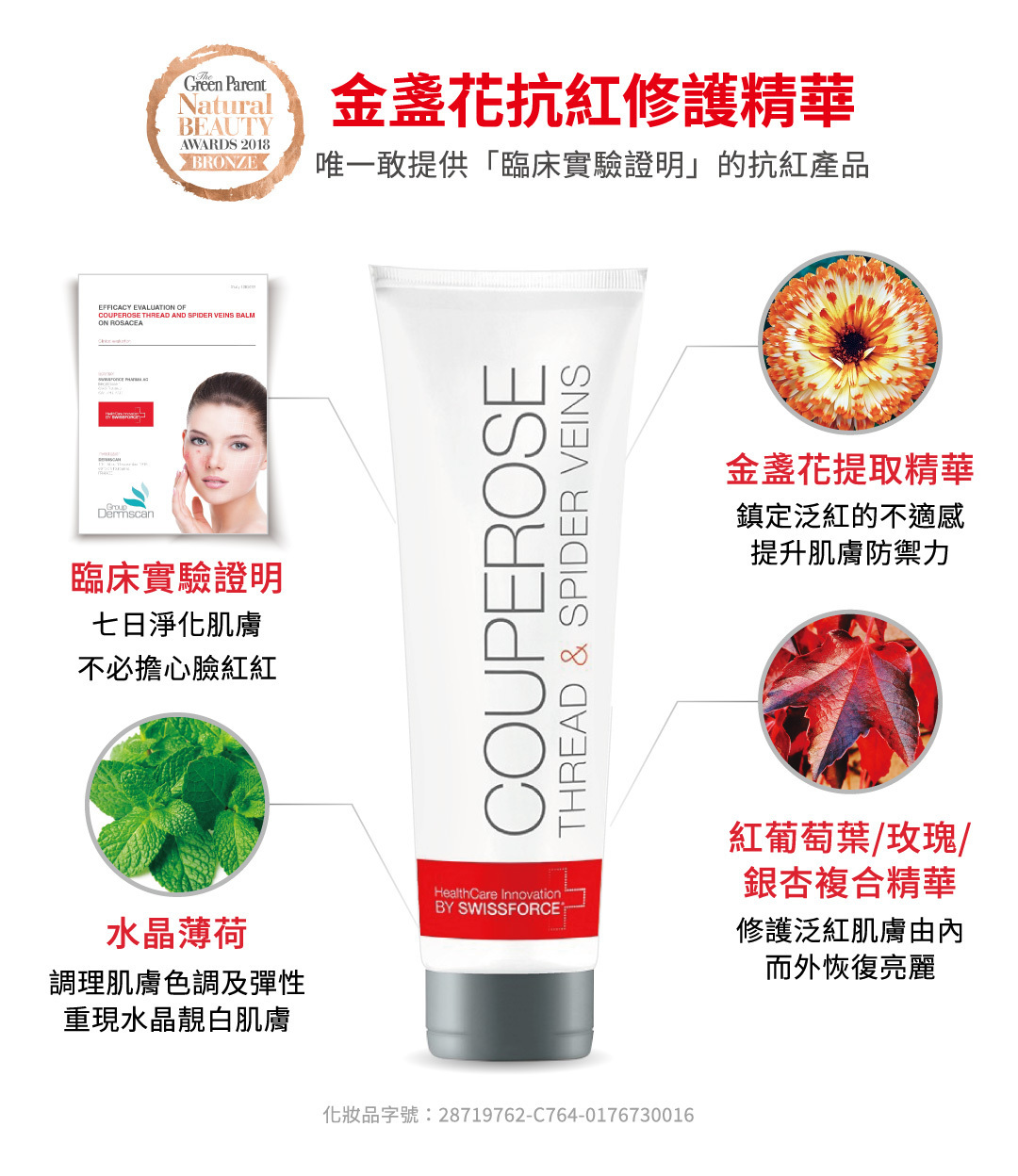 金盞花抗紅修護精華,成份包含金盞花,水晶薄荷,紅葡萄葉,玫瑰,銀杏,是唯一敢提供臨床實驗的抗紅產品