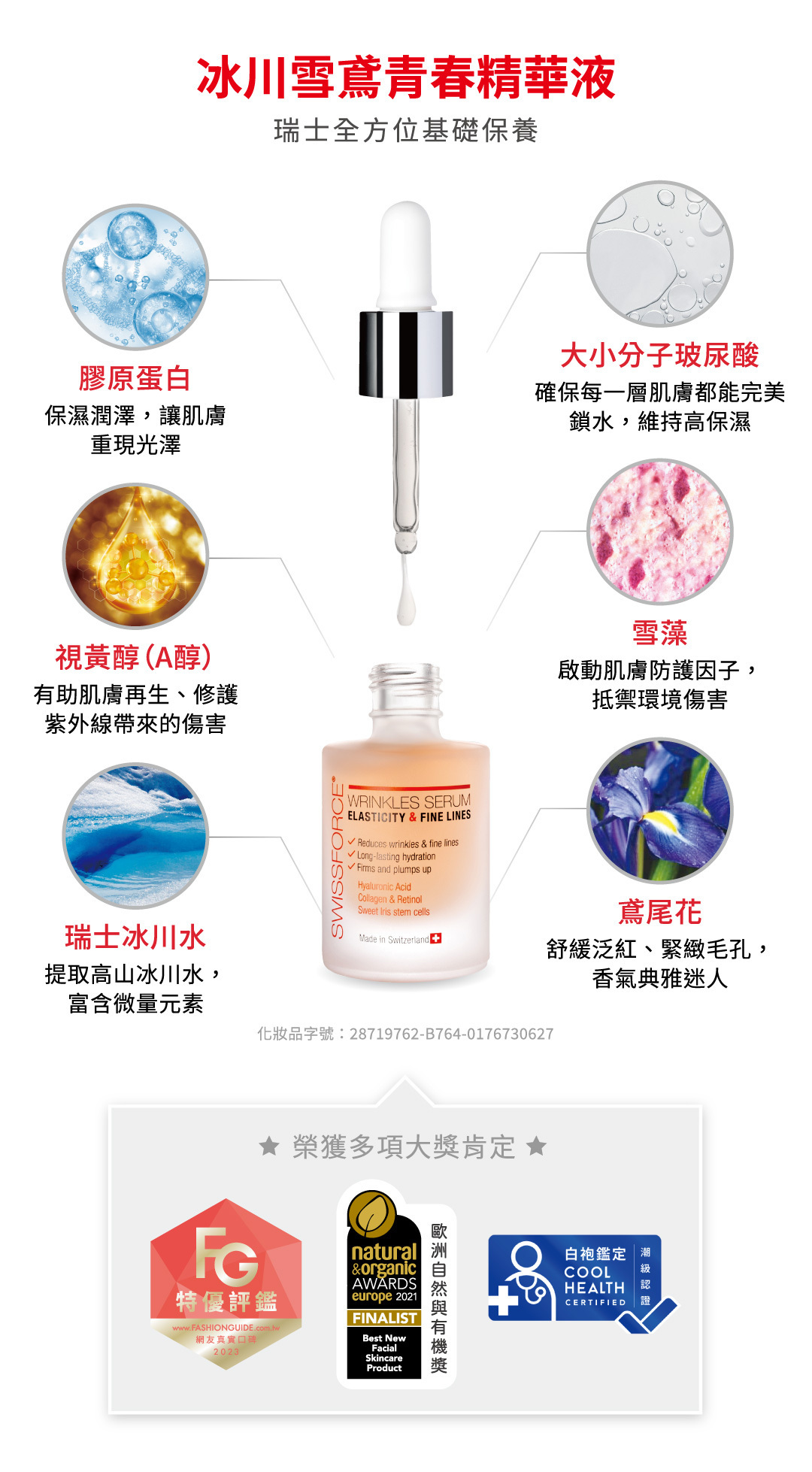 冰川雪鳶青春精華液,主成份包含冰川水,膠原蛋白,視黃醇,A醇,雪澡,大小分子玻尿酸,鳶尾花,獲得歐洲有機與自然獎