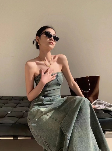 復古刷色 平口牛仔洋裝