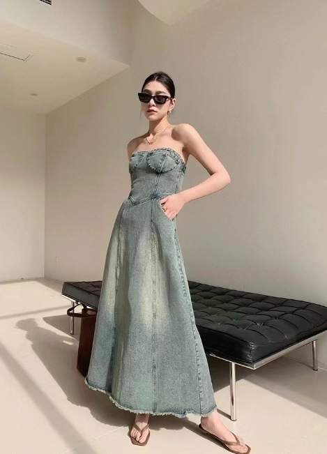 復古刷色 平口牛仔洋裝