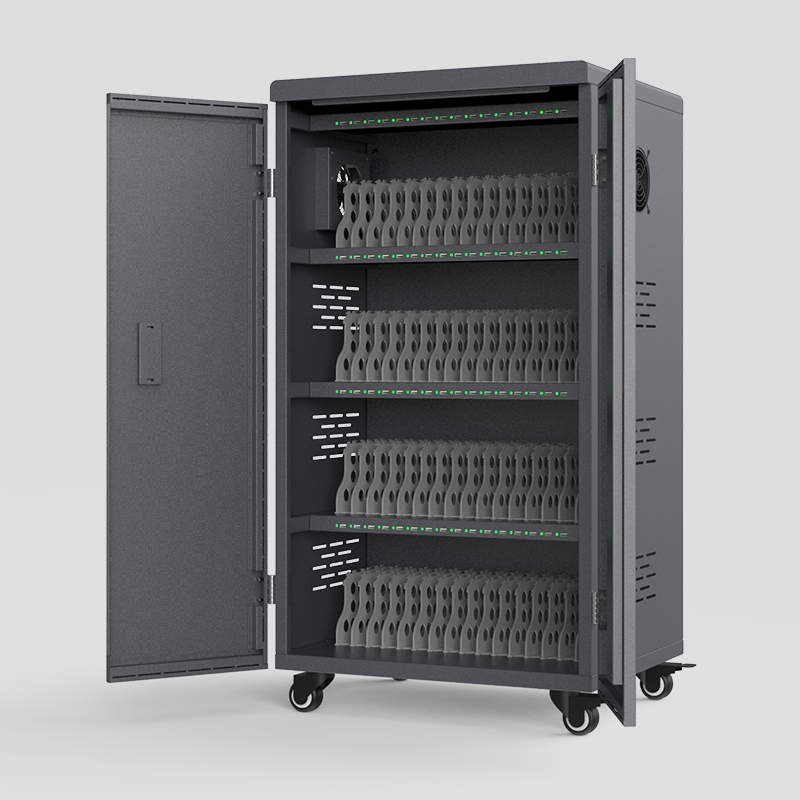 APC-E64 Tablet iPad Charging Cart 64 bays (5V2.4A), Cooling fan, Smart 3 status colours LED,  medical ultra-quiet universal wheels, Cabinet lock, International Certification CE, FCC, RoHS, ISO, CCC 640 mm (W) x 530 mm (L) x 1200 mm (H)