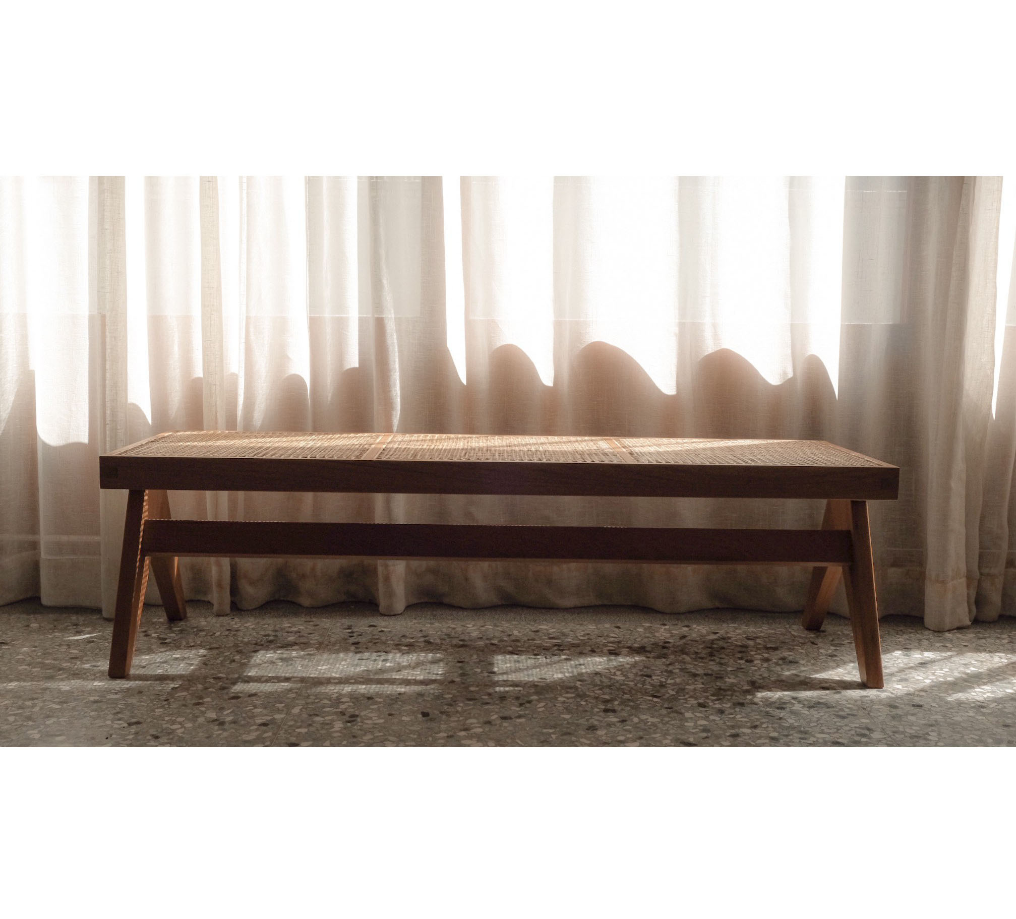 Pierre Jeanneret Teak and Cane Bench 柚木長凳