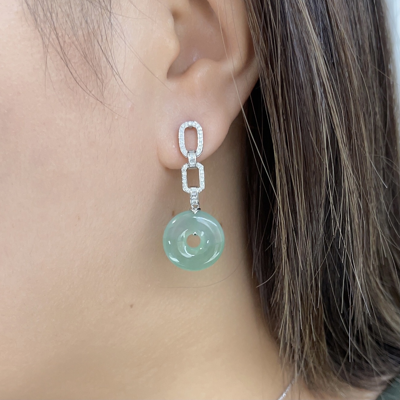 18K金天然冰種翡翠鑽石平安扣耳墜