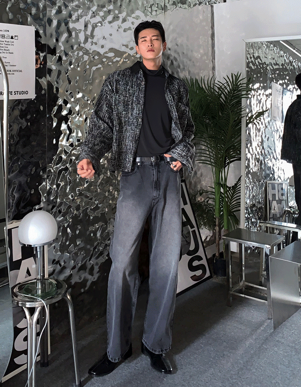 混合粗花呢牛仔短款夾克