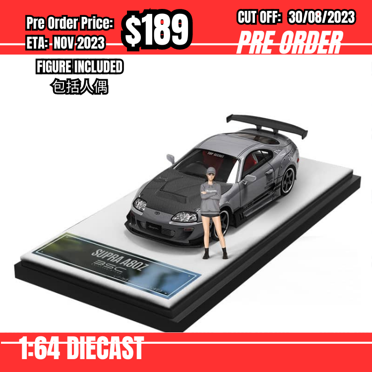 PO-$189 * Time Micro * 1:64 Toyota Supra A80 Silver Grey Carbon Hood w/figure [OD26/08]