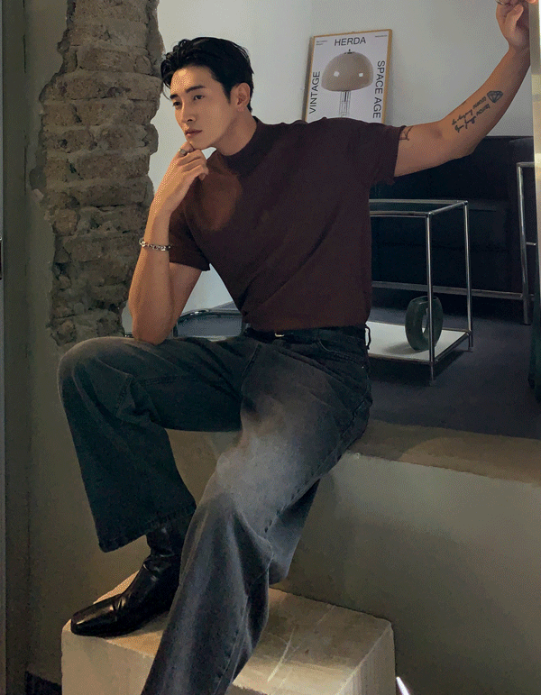 水洗半高領短袖針織衫上衣