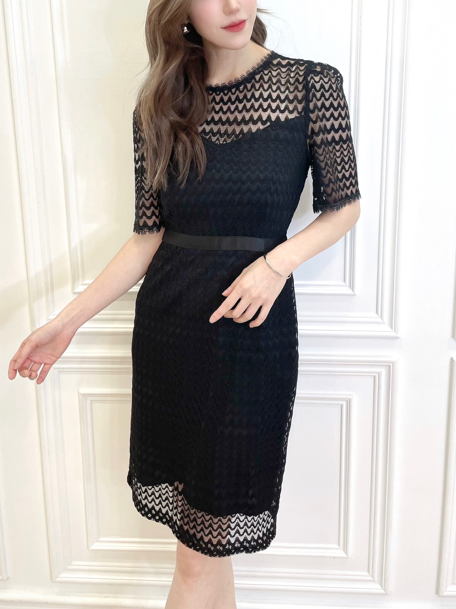 透膚紋理短袖黑洋