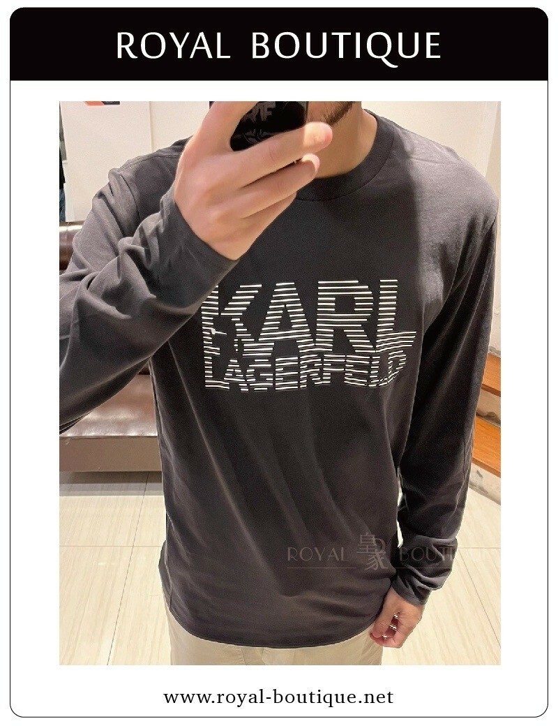 KARL LAGERFELD 卡爾 水洗灰條紋英字薄長T