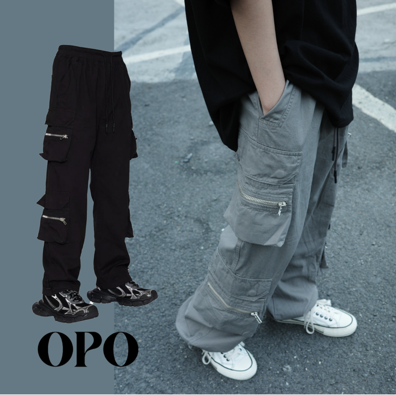 OPO新銳設計師品牌 四口袋 工作長褲 機能 多口袋拉鍊 調節扣 工裝褲 長褲 褲