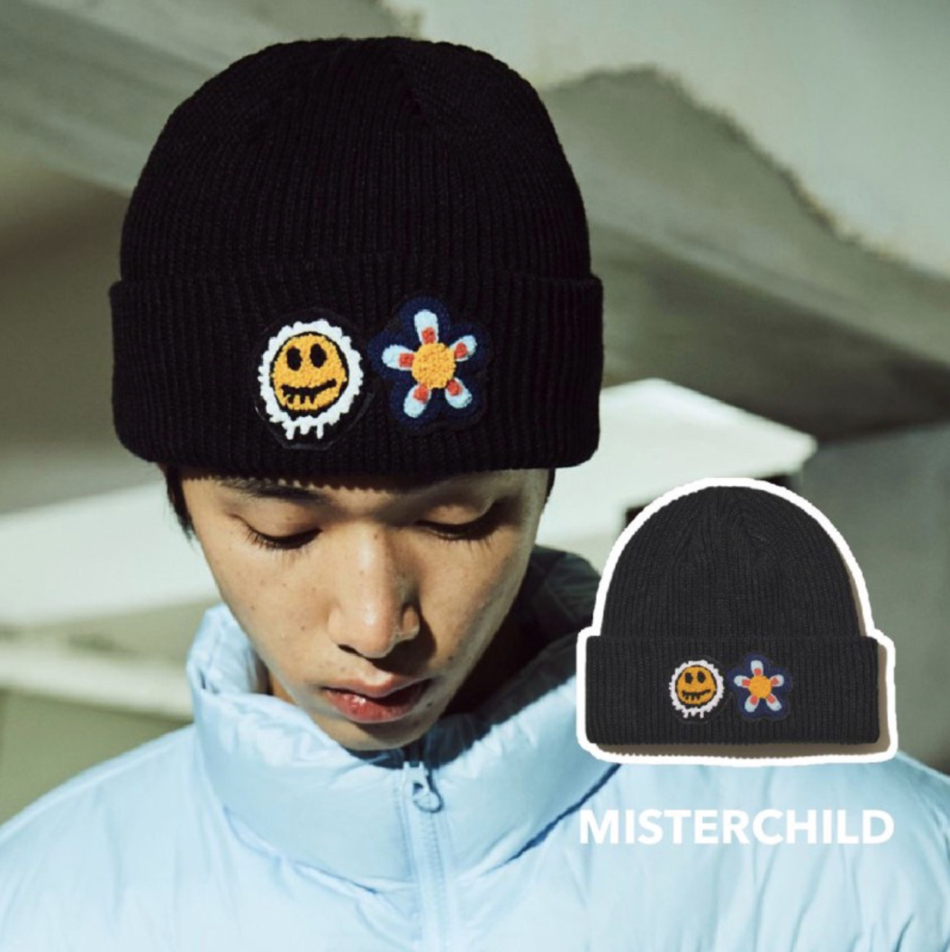 韓國代理品牌 Misterchild 雙花LOGO 溶解笑臉 小花 立絨 刺繡 毛帽 帽 針織