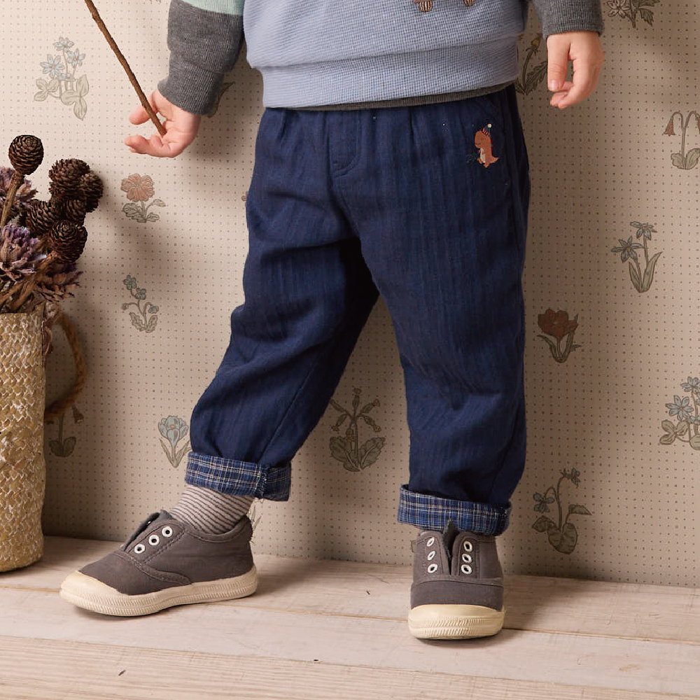 PIPPY恐龍刺繡休閒彈性棉質長褲 藍