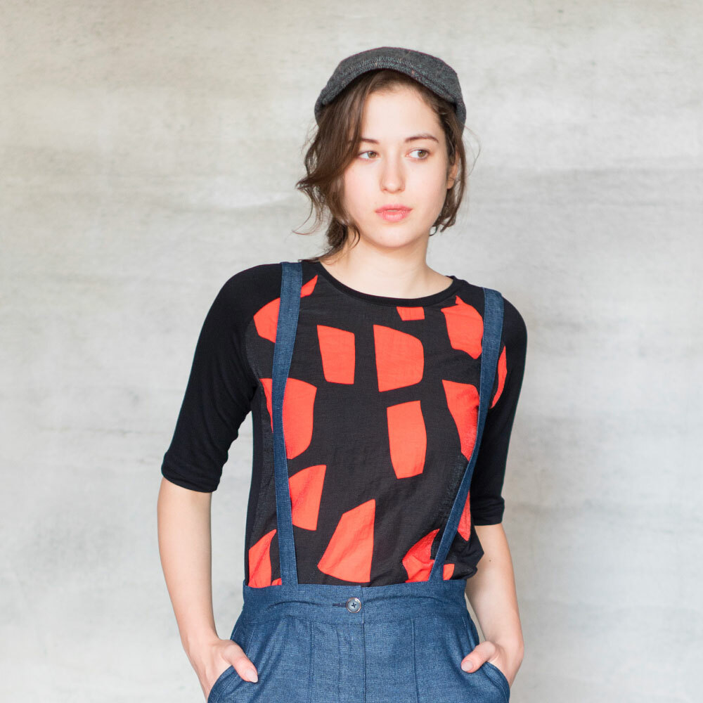 PIPPY 色塊印花剪接圓領五分袖上衣 橘