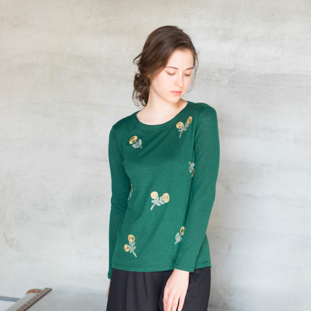 PIPPY 刺繡花朵暖暖彈性布圓領長袖上衣  綠