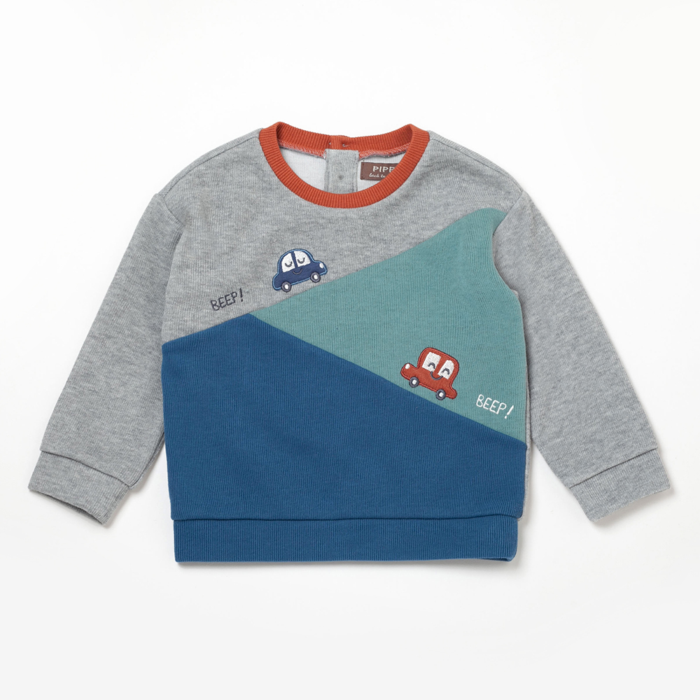 PIPPY 小汽車剪接圓領長袖T恤 灰