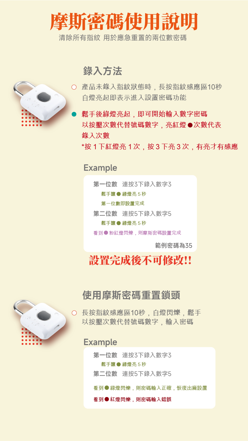 淡黃色的海報以文字撰寫著智能指紋掛鎖的摩斯密碼使用說明