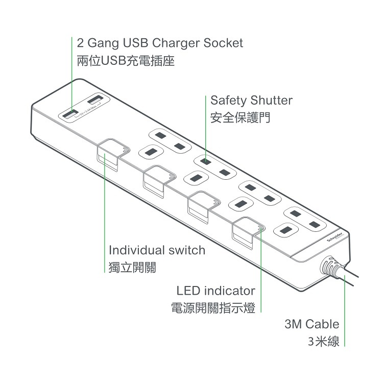 Schneider 4 位 + 2USB 拖板 3米 TSH34U (古銅金色)