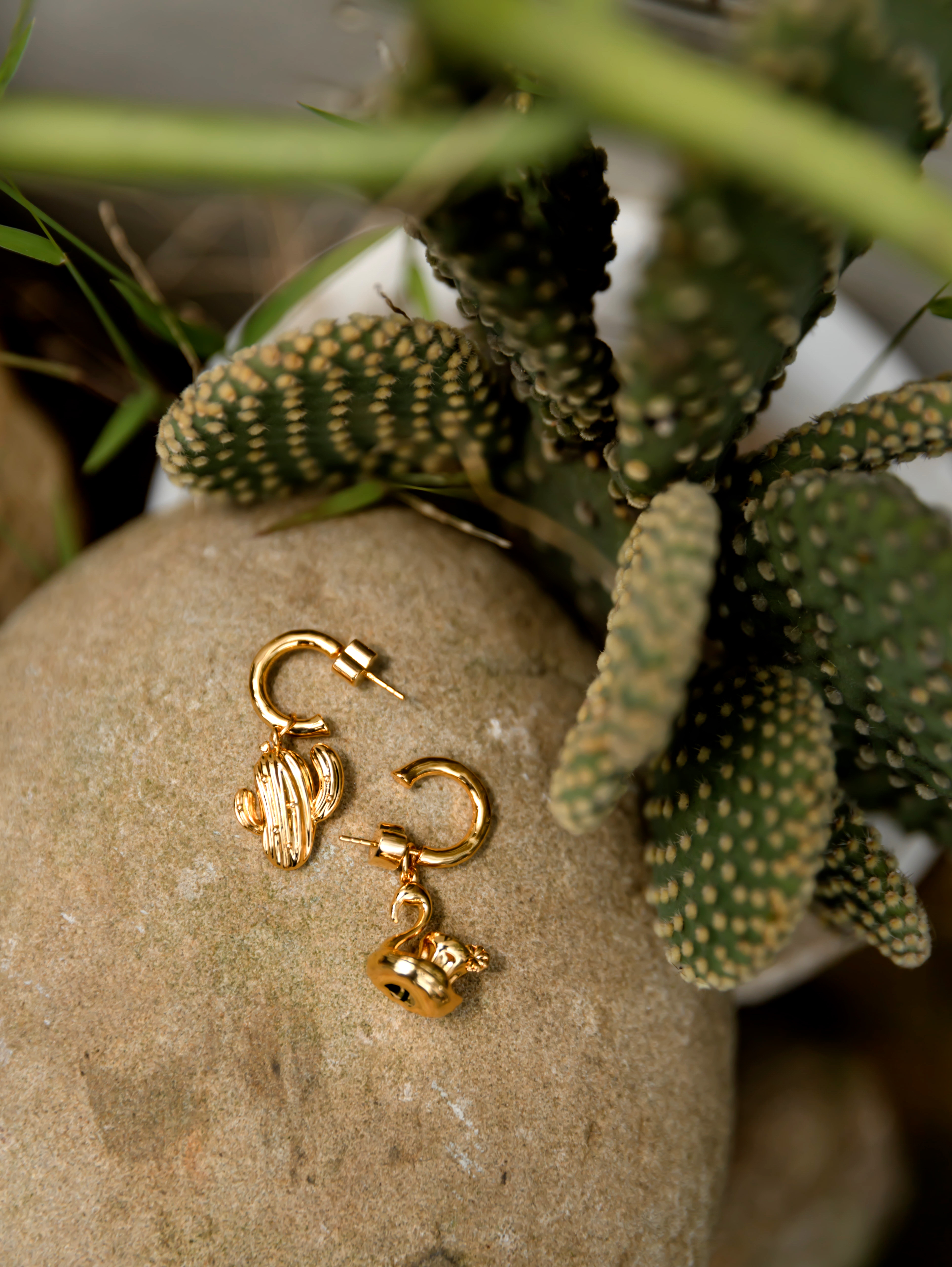 仙人掌＆泳圈C圈耳環（金色）