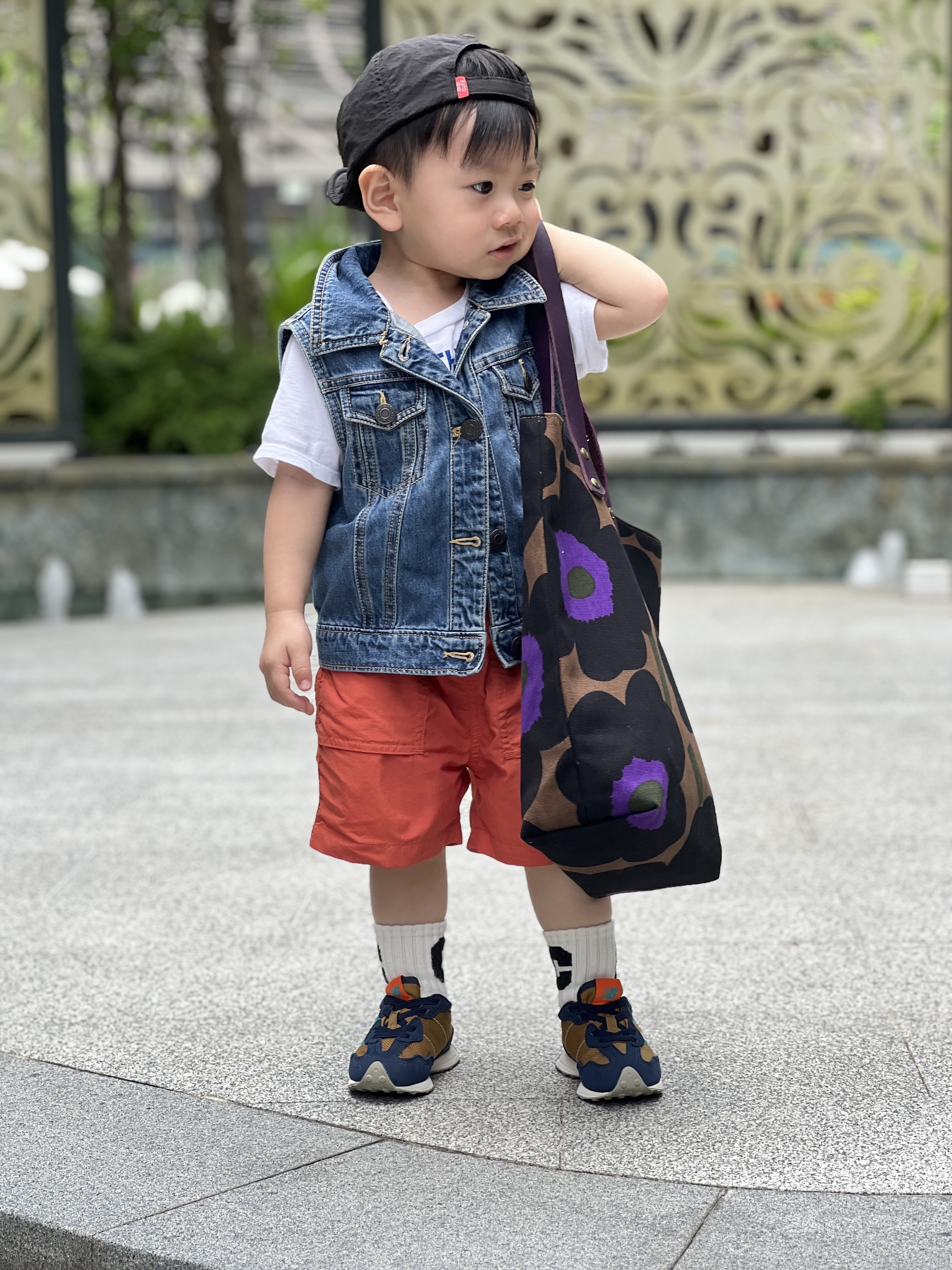 Leather strap tote | Marimekko canvas fabric | brown x purple