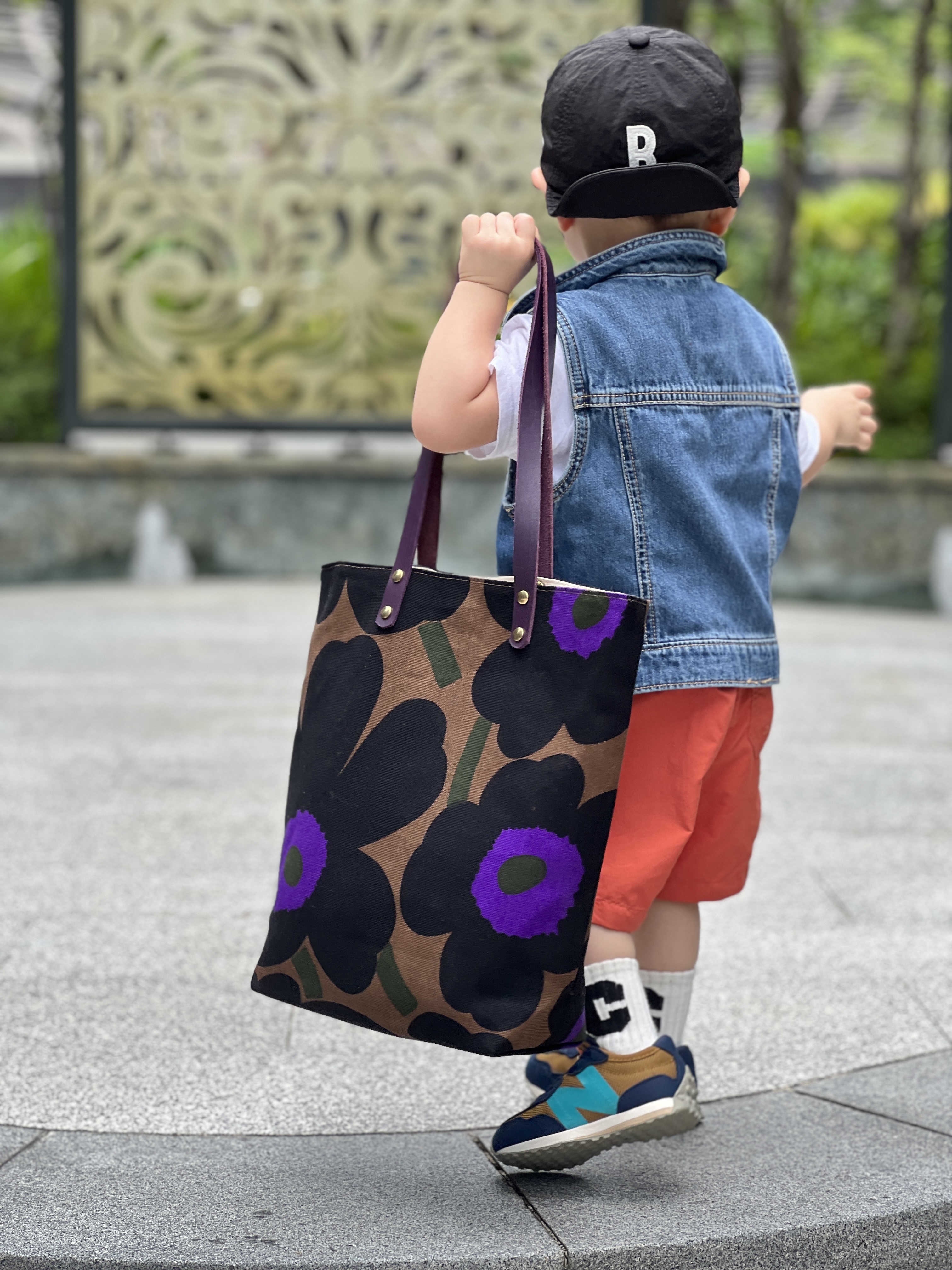 Leather strap tote | Marimekko canvas fabric | brown x purple