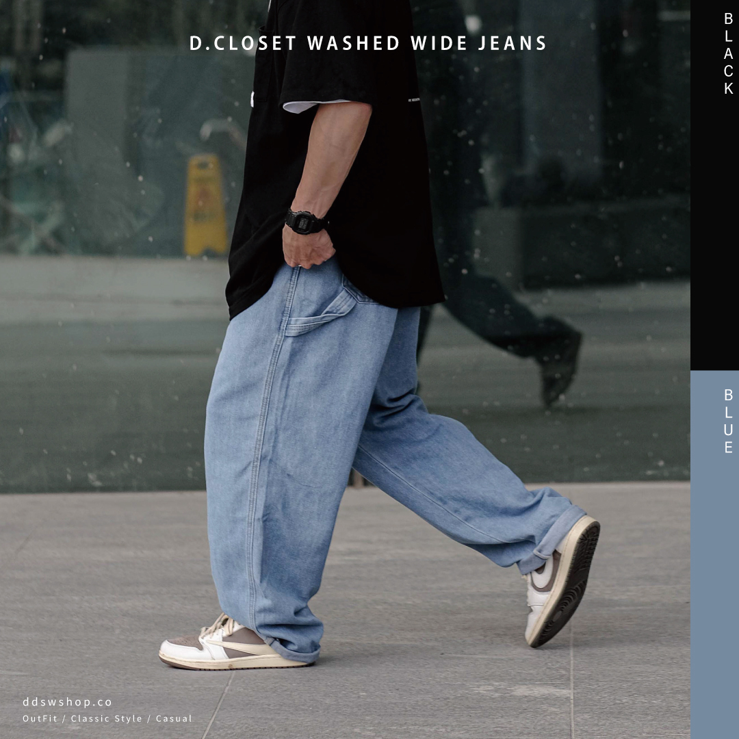 D.CLOSET 長褲 寬鬆抽繩牛仔褲 淺藍 水洗黑