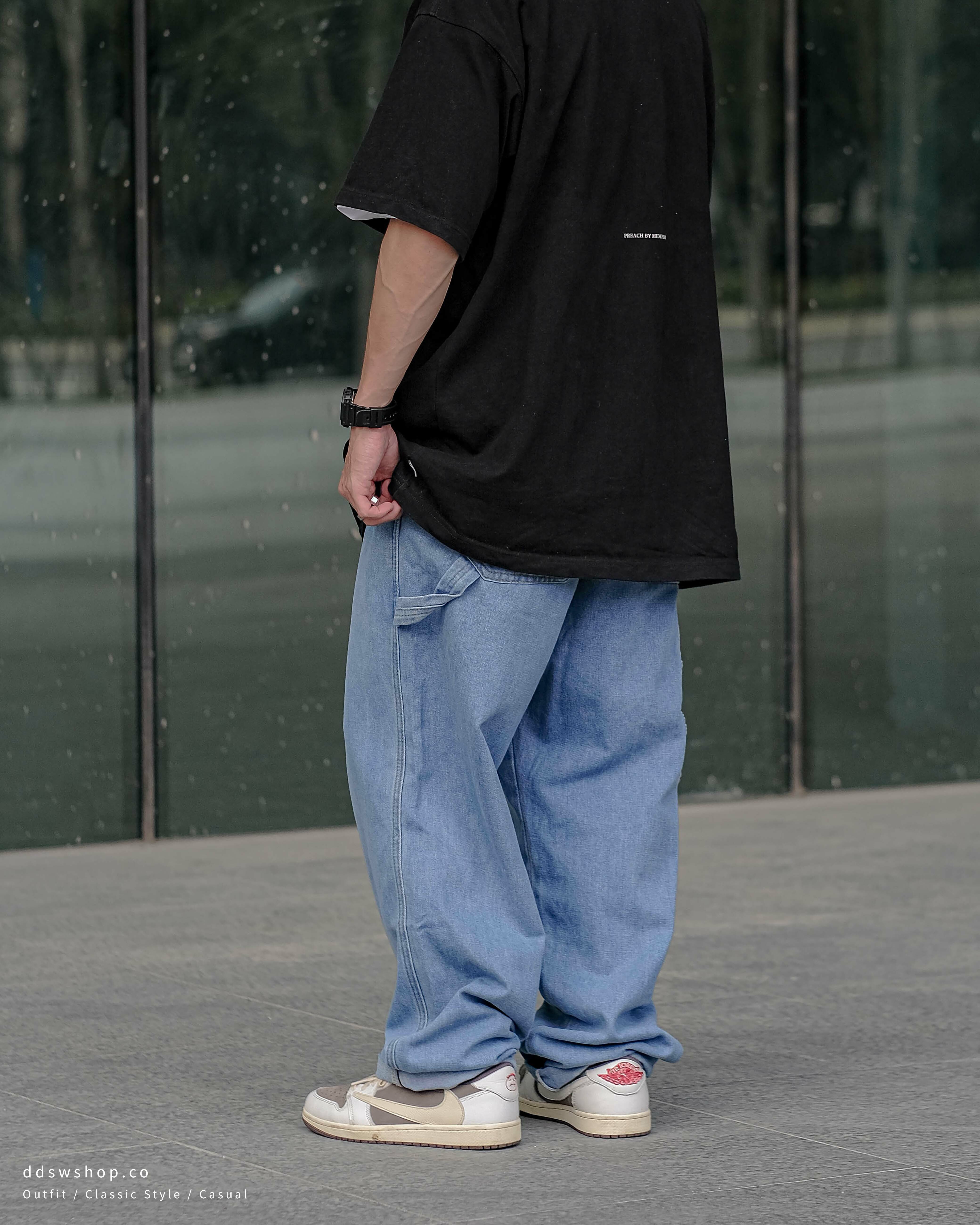 D.CLOSET 長褲 寬鬆抽繩牛仔褲 淺藍 水洗黑