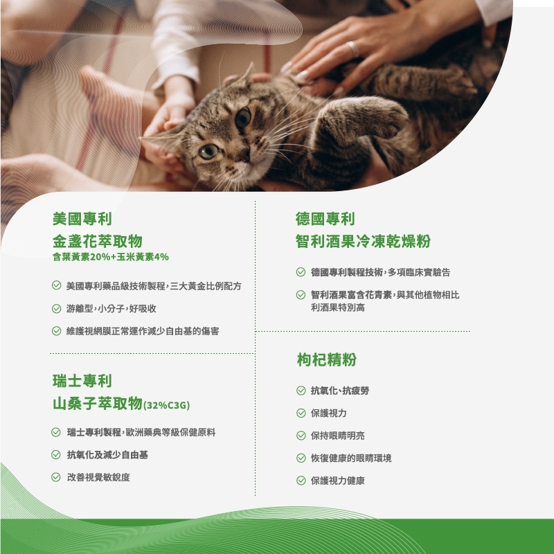 pierce pet, 皮爾斯, 寵物, 寵物保健, 寵物保健品, 葉黃素, 山桑子, 枸杞精粉, 玉米黃素, 美國專利, 德國專利, 瑞士專利, 眼睛保健, 護眼, 寵物護眼