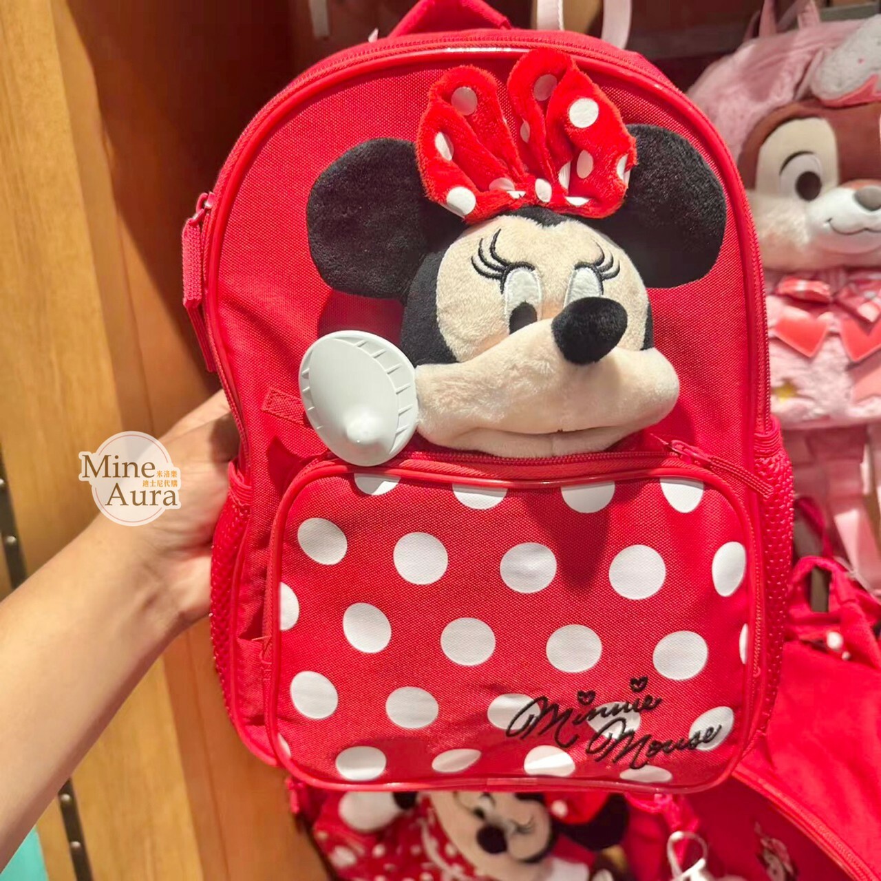 米妮 Minnie 絨毛大頭 點點圖案 紅色 雙肩包 後背包 -上海迪士尼樂園