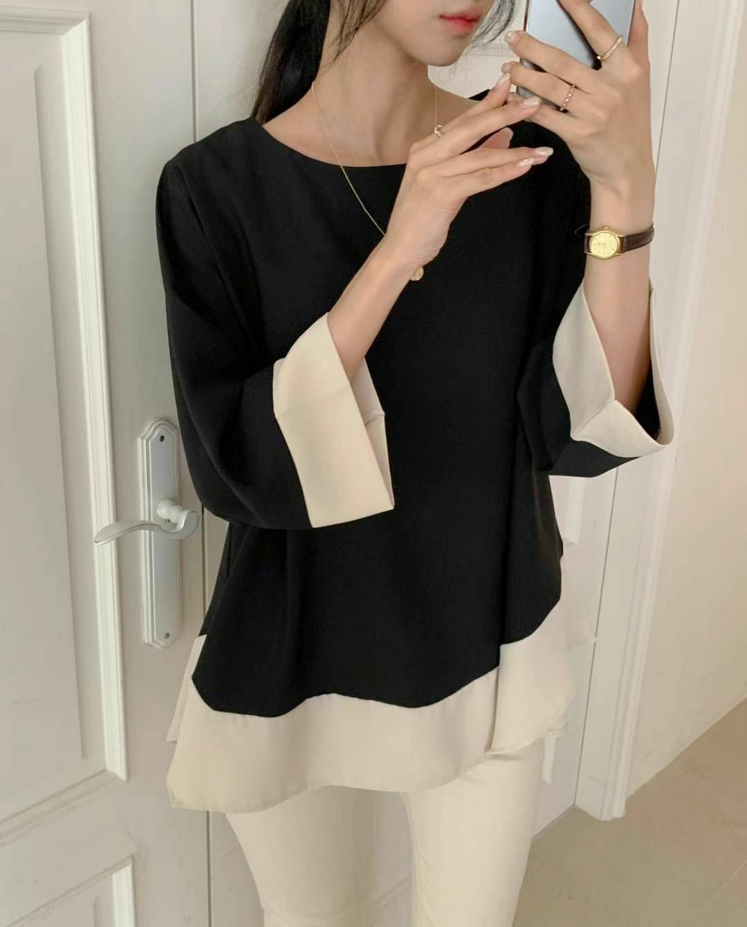 TOP#14119 🤎併色粗邊寛上衣