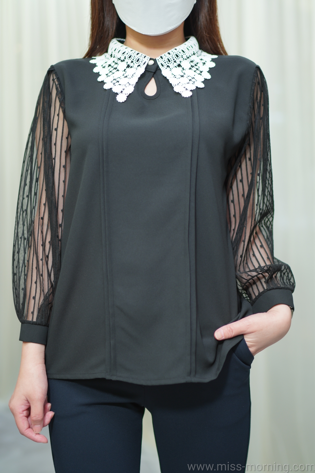 高質通花領紗紗袖上衣(13346)