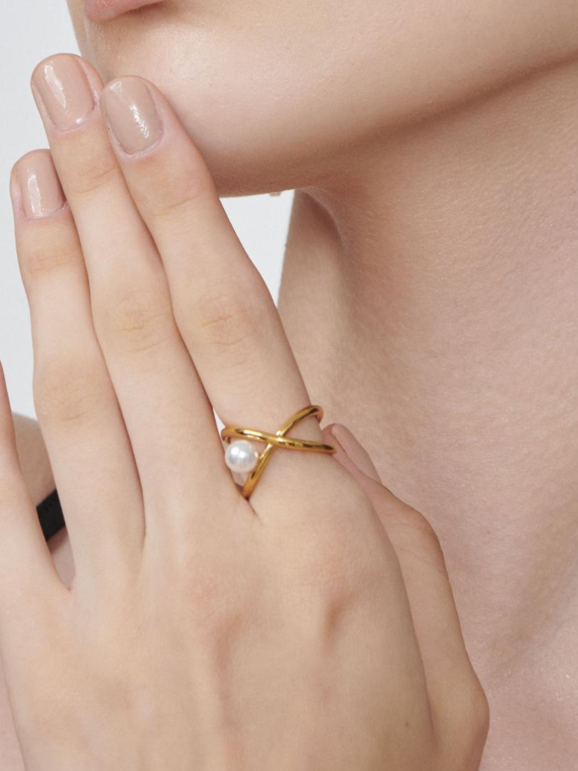 交錯造型珍珠可調式戒指