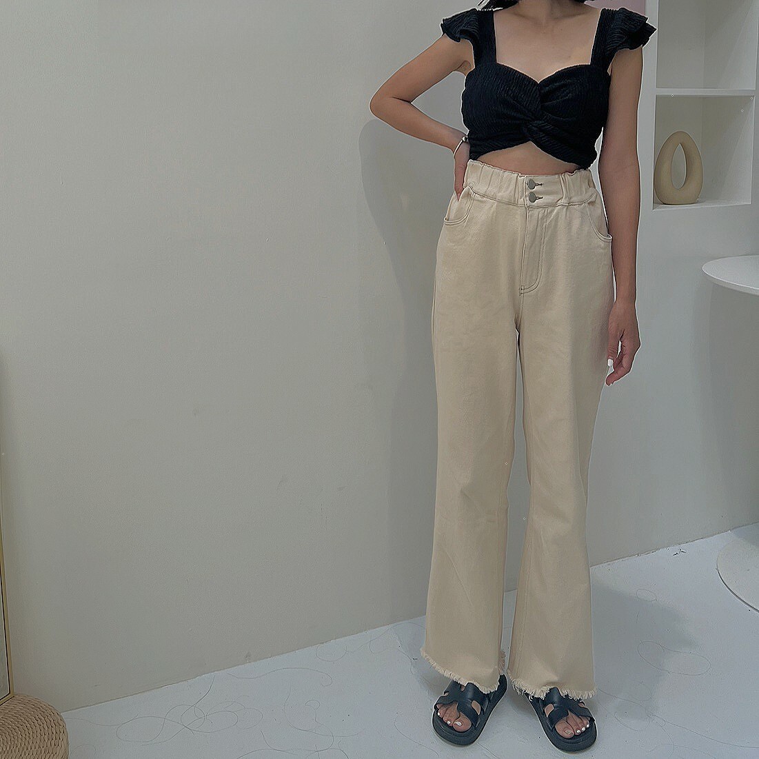 燕麥奶高腰長腿棉麻喇叭褲/二色