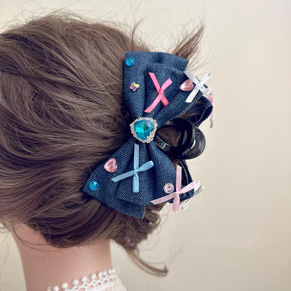 Blue Heart Rhinestone Cowboy Bow Hair Claw