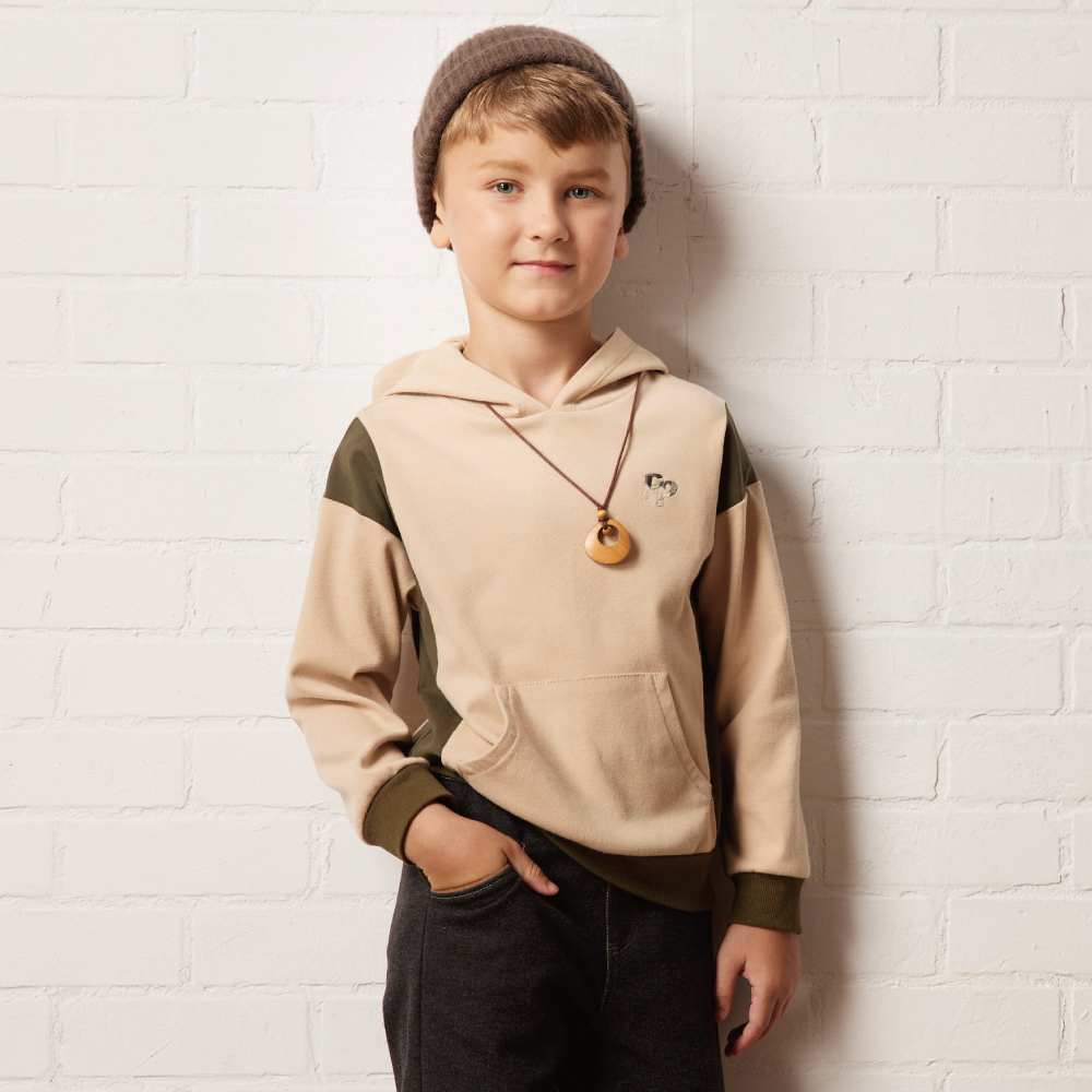 PIPPY帥氣剪接連帽棉質上衣 卡其