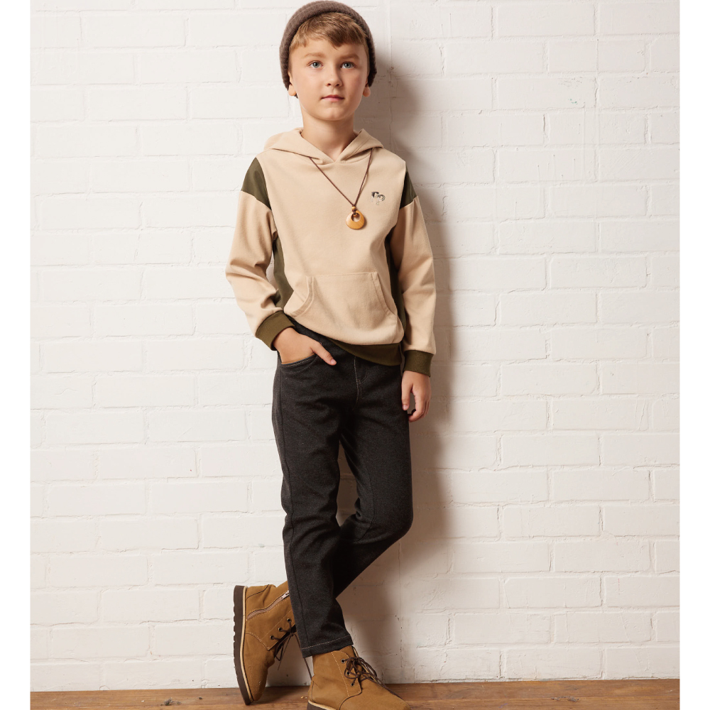 PIPPY帥氣剪接連帽棉質上衣 卡其