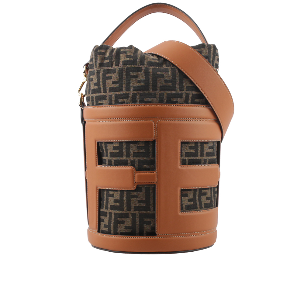 【FENDI】Step Out 皮革拼緹花布中款水桶包