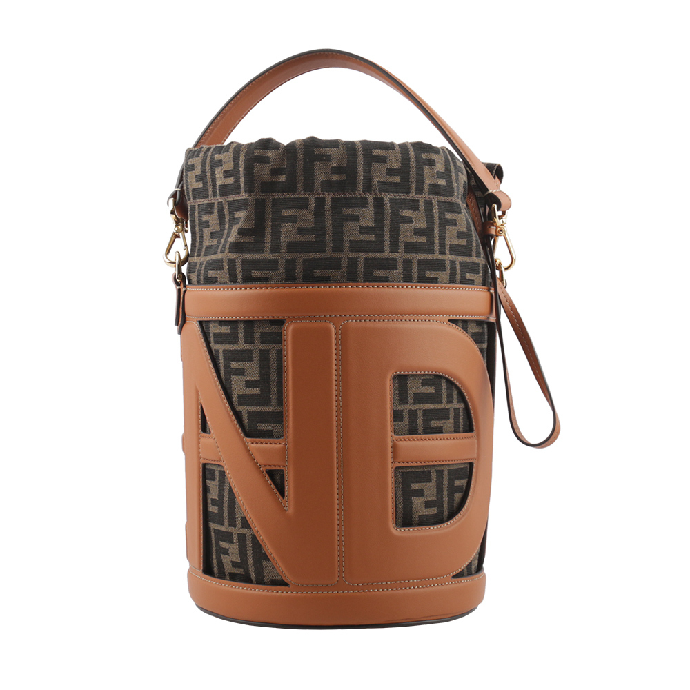 【FENDI】Step Out 皮革拼緹花布中款水桶包(棕色/焦糖色) 8BT364 APES F1LEN