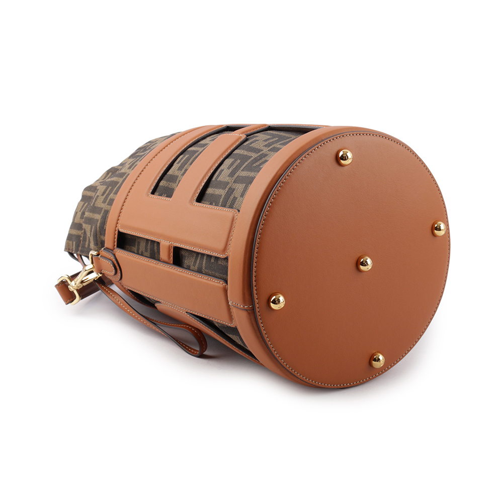 【FENDI】Step Out 皮革拼緹花布中款水桶包(棕色/焦糖色) 8BT364 APES F1LEN