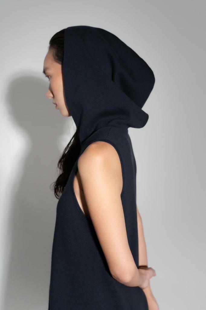 HANAA深藍色無袖羊絨棉帶帽連衣長裙