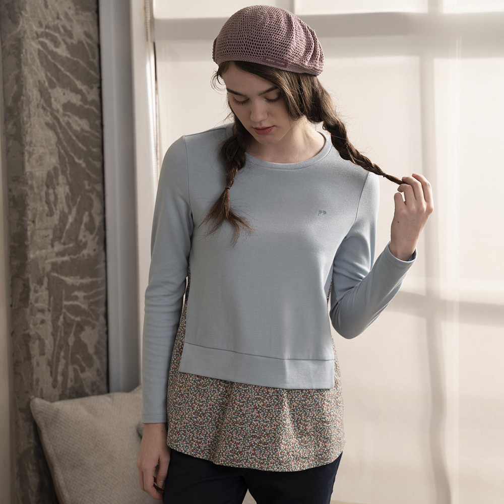 PIPPY拼接印花假兩件彈性棉上衣 灰藍