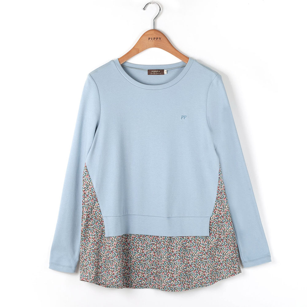 PIPPY拼接印花假兩件彈性棉上衣 灰藍