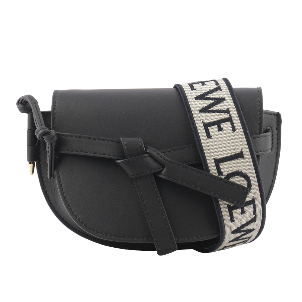 【LOEWE】Gate Mini 新款柔軟小牛皮緹花背帶馬鞍斜背/腰包(黑色) A650N46X13 1100